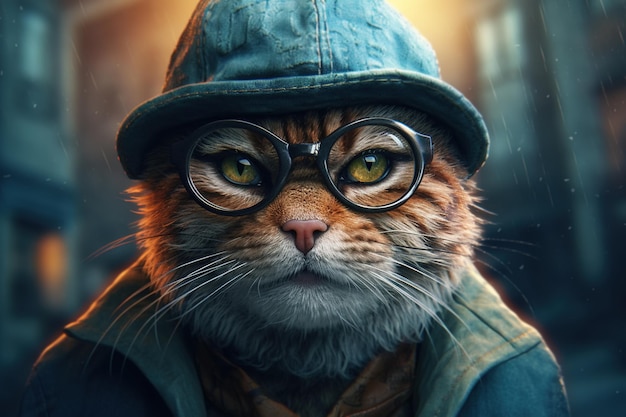 Intelligente Katze mit Brille und Oberbekleidung an einem regnerischen Tag draußen. Generative KI-Tierillustration