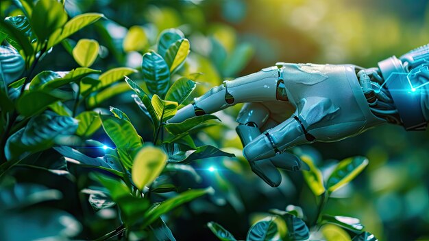 Intelligente Landwirtschaft Futuristische Industrie 40 Technologiekonzept Cyborg Hand in Hand mit grünen Blättern mit HUD-Technologie einschließlich künstlicher Intelligenz 5G zur Analyse von Daten von intelligenten Farmen