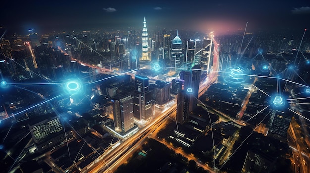 Intelligente Stadt mit drahtlosem Kommunikationsnetzwerk und Internet der Dinge-Konzept Generative KI