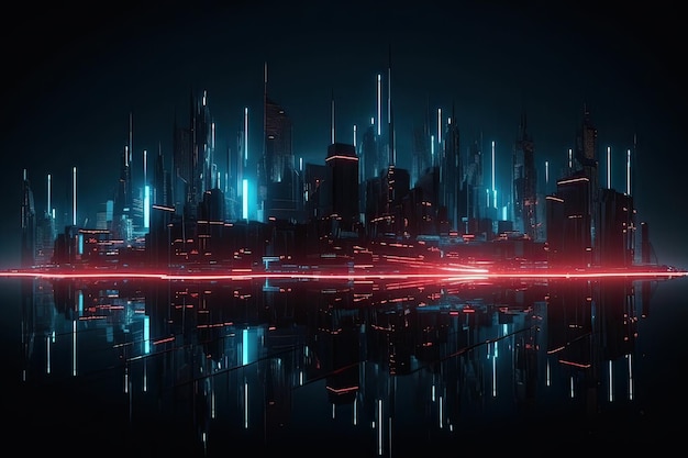 Intelligente und große Stadt mit partikelglühendem Neonlicht-Verbindungsdesign, Big-Data-Verbindungstechnologiekonzept, generative KI