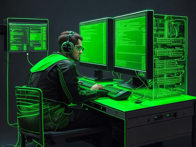 Intelligenter männlicher IT-Programmierer, der an einem Desktop-Computer mit grünem Mockup-Bildschirm in der Systemsteuerung des Rechenzentrums arbeitet