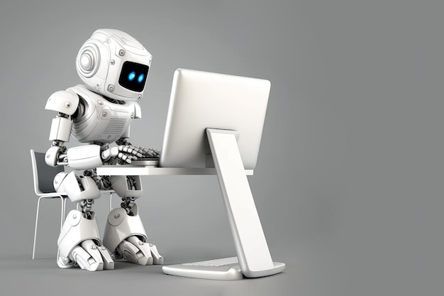 Intelligenter weißer Roboter als KI-Chatbot, der vor dem Computer sitzt und Generative KI tippt