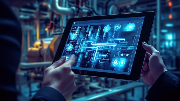Intelligentes Industrie-Steuerungskonzept Hände halten Tablet auf verschwommener Automatisierungsmaschine