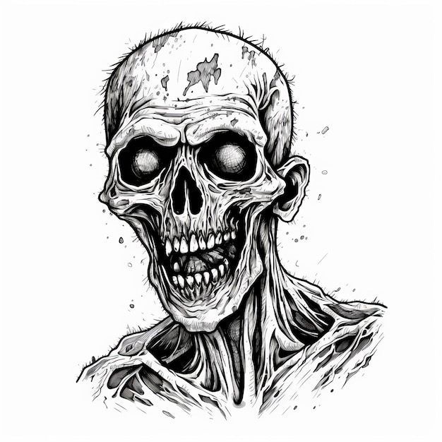 Intens detaillierte schwarz-weiße Zombie-Zeichnung mit Schwerpunkt auf Gesichtsausdruck