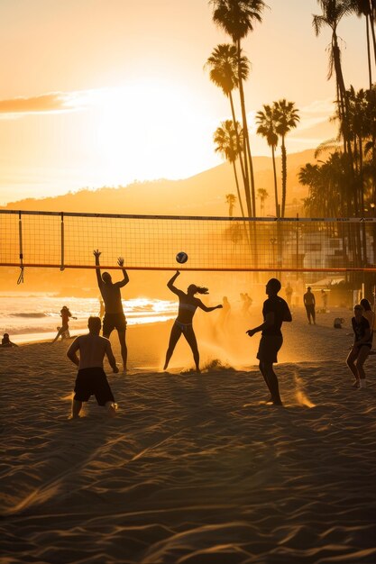 La intensa acción de voleibol de playa capturada al anochecer con los jugadores en medio del juego y un cielo vibrante