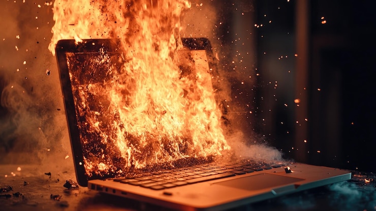 Foto una intensa explosión de fuego y humo emana de un cuaderno envolviendo el dispositivo en llamas y destrucción