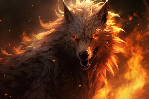 Foto intensa fantasía de lobo ardiente fuego animal generar ai