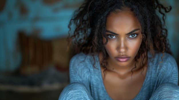 Intensa mirada de una joven segura de sí misma con cabello rizado.