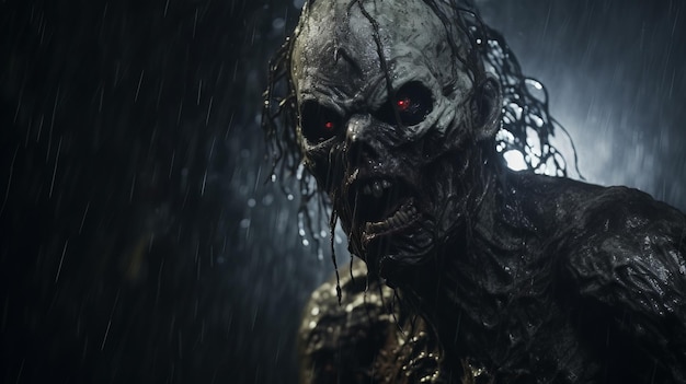 Intensa personagem de terror demoníaco em Unreal Engine Rainy Closeup
