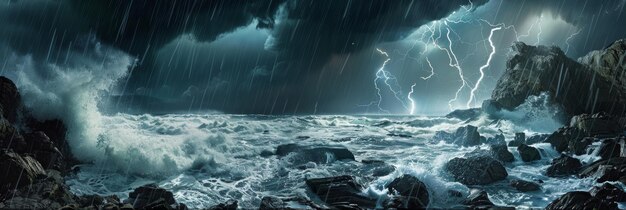 Foto intensa tormenta golpeando las olas ominoso cielo relámpagos parpadeos ia generativa