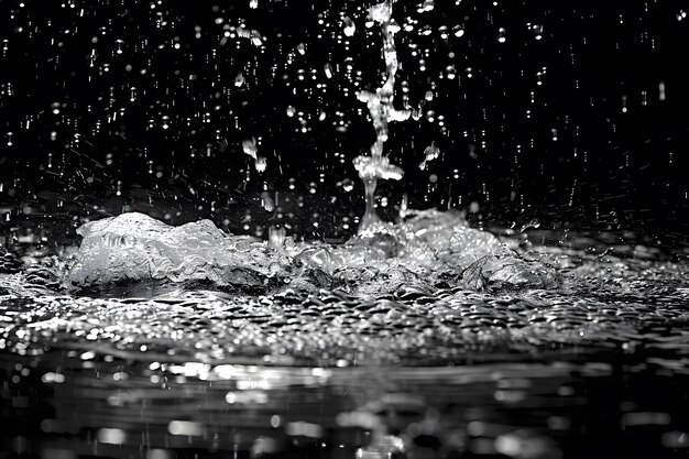 Foto las intensas gotas de lluvia salpicando sobre la superficie acuosa en monocromático