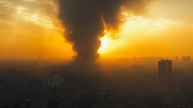 Intense Explosion am Abend in einer städtischen Umgebung, was einen Luftangriff bedeutet.