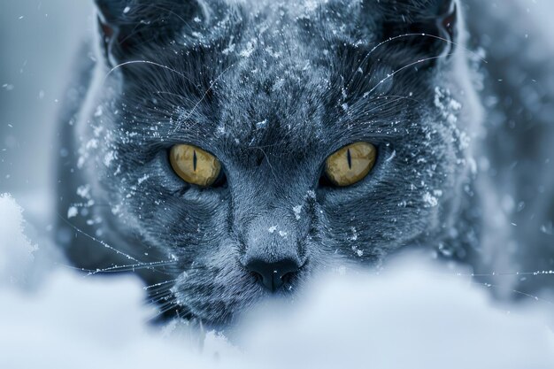 Intense gelbäugige graue Katze trotz eines Schneesturms Nahaufnahme Porträt im Winter-Wunderland