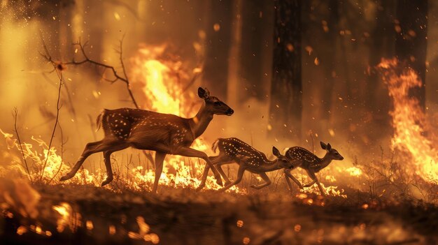 Intense Szene von Hirschen, die aus einem Waldbrand sprinten, mit Inferno und Rauch im Hintergrund von Waldbränden