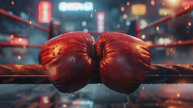 Intense und dramatische rote Boxhandschuhe auf dem Boxring