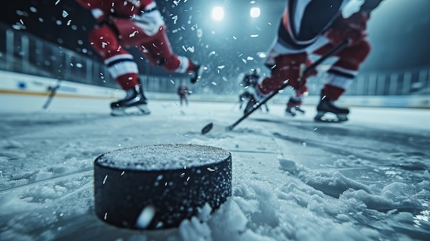 Foto intensive hockeyspiel-action-nahaufnahme auf dem puck ai generative