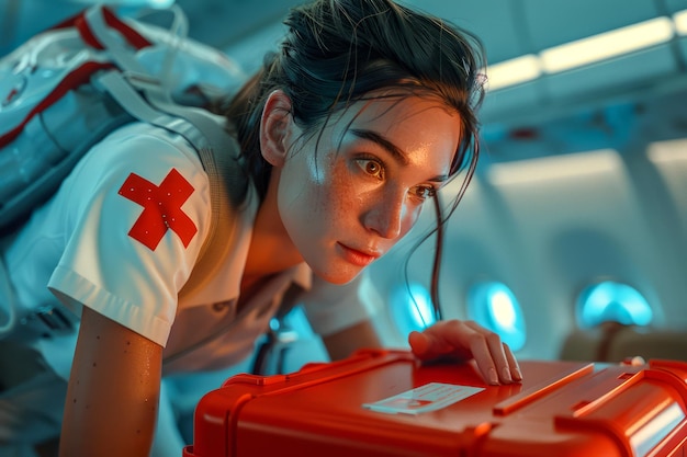 Foto intensive weibliche sanitäterin mit medizinischem kit bereit für den notfall in einem krankenwagen mit dramatischer beleuchtung