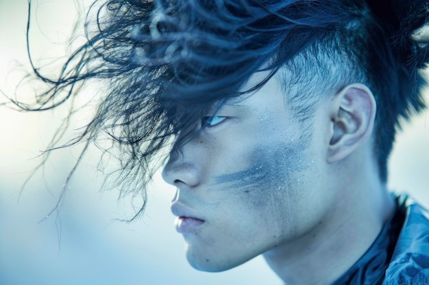 Intensiver junger Mann mit windgeweihten Haaren im Freien Dramatisches Porträt