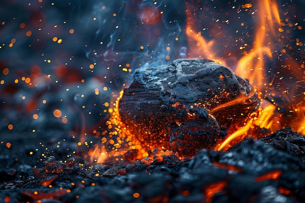 Intensives Feuer und Funken umgeben einen schwarzen Felsen in der Nacht