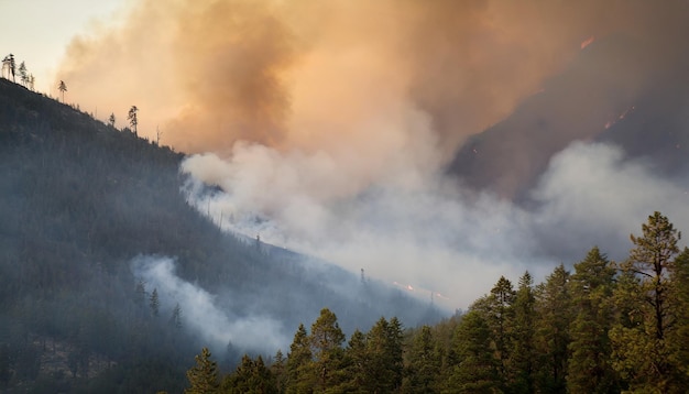 Intensives Waldfeuer, das durch Bäume wütet und Rauch gegen einen feurigen Hintergrund, der die Natur symbolisiert, schwebt