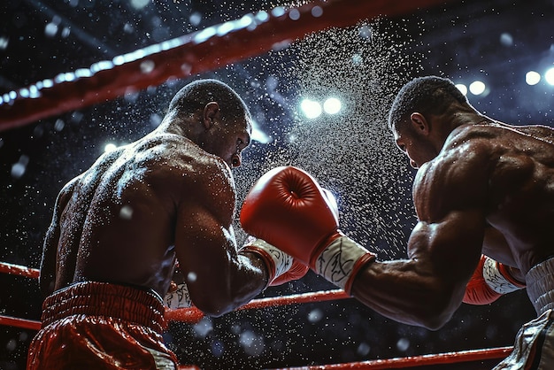 Un intenso enfrentamiento de boxeadores intercambian poderosos golpes entre salpicaduras de sudor y adrenalina en un emocionante encuentro en la arena