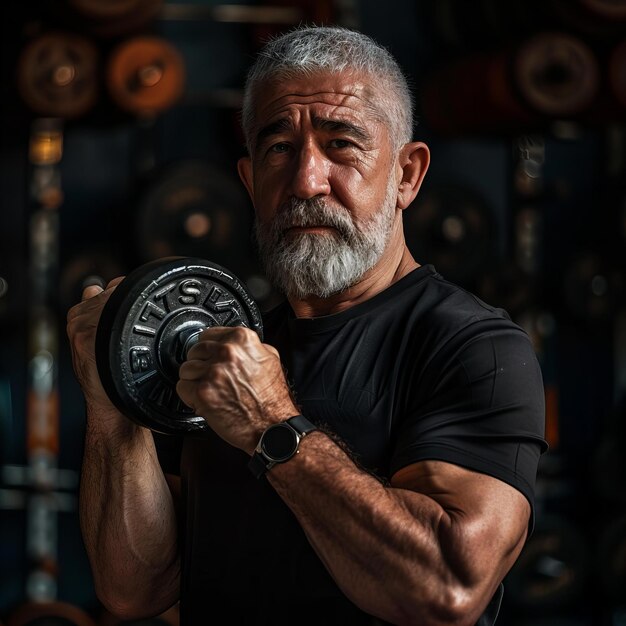 Intenso gimnasio de levantamiento de pesas para hombres mayores