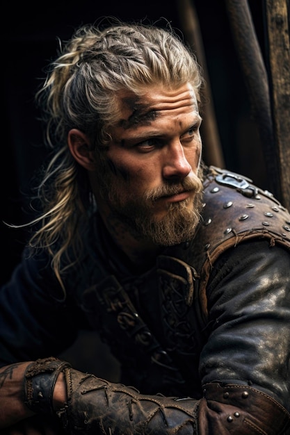 El intenso guerrero vikingo nórdico en la armadura tradicional posa pensativo