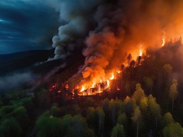 Foto un intenso incendio forestal con llamas envolviendo el bosque bajo un cielo oscuro.