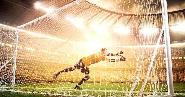 Foto intenso momento futbolístico frente a la portería en el estadio de fútbol profesional mientras brilla el sol. el estadio y la multitud están hechos en 3d.