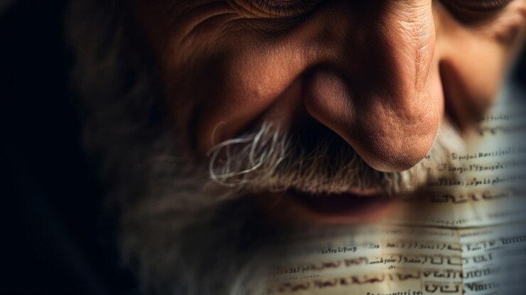 Foto intenso olhar linguístico cercado de manuscritos linguísticos