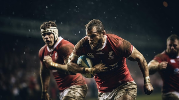 Un intenso partido de rugby bajo la lluvia por la noche.