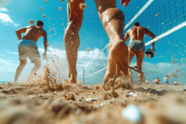 Foto intenso partido de voleibol de playa en acción la arena vuela alrededor de los pies de los jugadores de voleibal de playa en el calor de un enérgico juego de verano