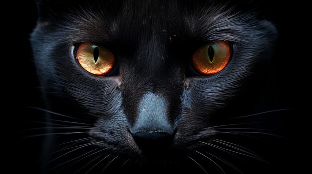 Foto intenso retrato claroscuro de un gato negro con ojos naranjas