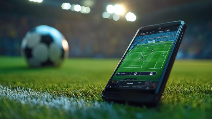 Intenta el momento del partido de fútbol contra la interfaz de la aplicación de apuestas Composición de pantalla dividida