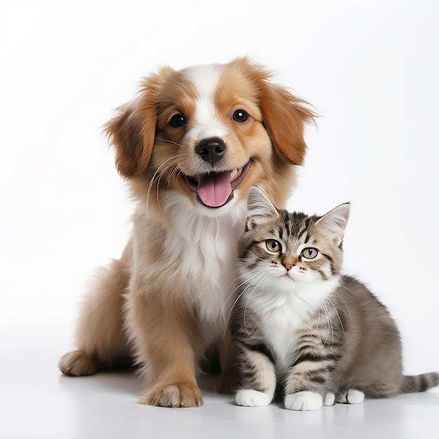 Foto interação adorável entre gatos e cachorrinhos