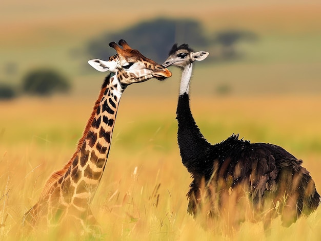 Interação afetuosa entre uma girafa e uma avestruz na savana aos tons quentes do pôr-do-sol