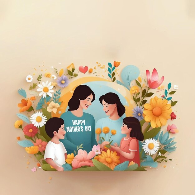 Interação do Dia das Mães entre uma mãe feliz e seus filhos
