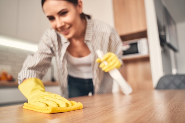 Interação doméstica. Morena alegre com um sorriso no rosto enquanto limpa a cozinha