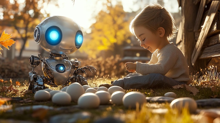 Foto interacción adorable entre un niño y un robot futurista en un entorno al aire libre sereno