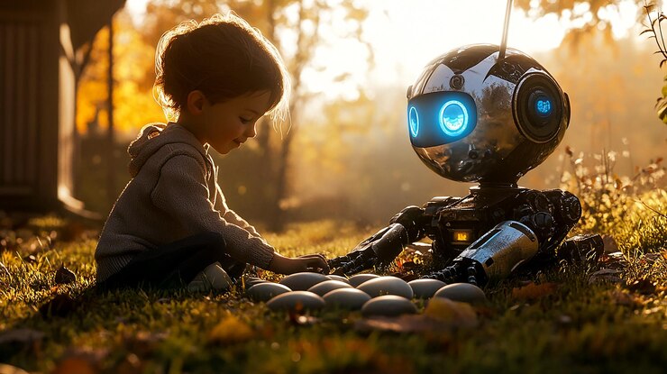 Foto interacción adorable entre un niño y un robot futurista en un entorno al aire libre sereno