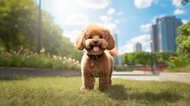 interacción animada de un Poodle de juguete en un parque urbano que celebra la vida de las mascotas de la ciudad