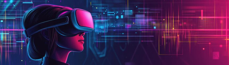 Interacción inmersiva de realidad virtual en colorido arte vectorial con espacio de copia