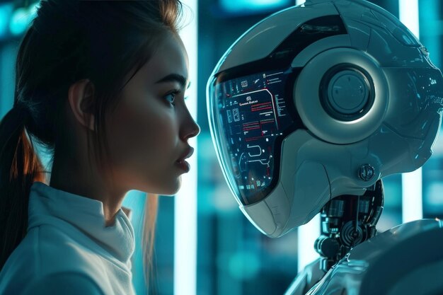 Interacción íntima entre la IA humana y la mujer frente al robot