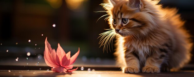 Interacción lúdica entre un papel tapiz de gatito