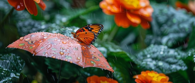 Interacción de la naturaleza Un jardín exuberante después de la lluvia con una mariposa descansando en un paraguas mojado