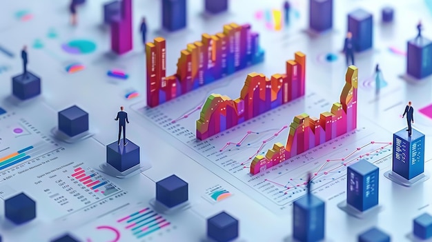 La interacción de las personas con los gráficos y el análisis de las estadísticas Una ilustración moderna isométrica 3D