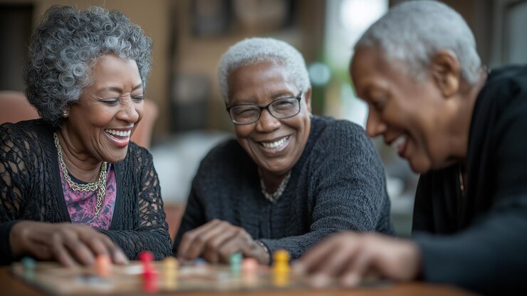 Interacción social y compañerismo entre amigos afroamericanos de edad avanzada que juegan a un juego de mesa