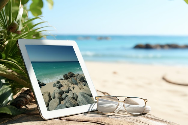 Interaktion am Meer: Nahaufnahme eines digitalen Tablets vor der atemberaubenden Kulisse eines Strandes