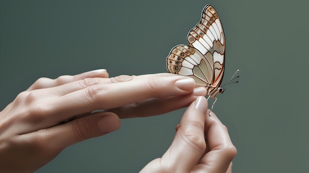 Interaktion zwischen den Fingern einer Person und den zerbrechlichen Flügeln eines Schmetterlings