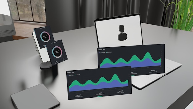 Interaktive Workbench für digitale Transformation mit mobilem Laptop und Benutzersymbol, ausgestattet mit App